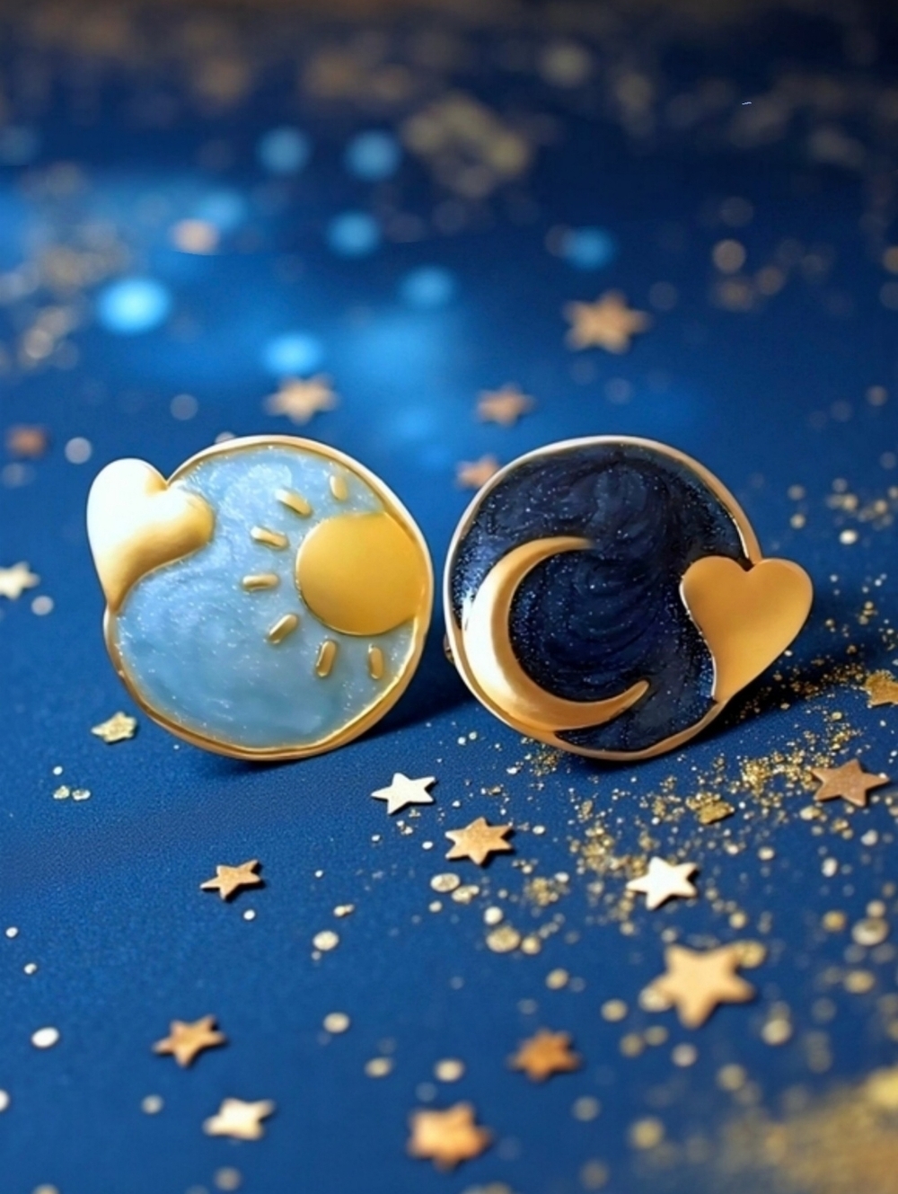 Celestial Sun Moon Asymmetric Enamel Stud Earrings 925 Silver Posts Boho Vintage